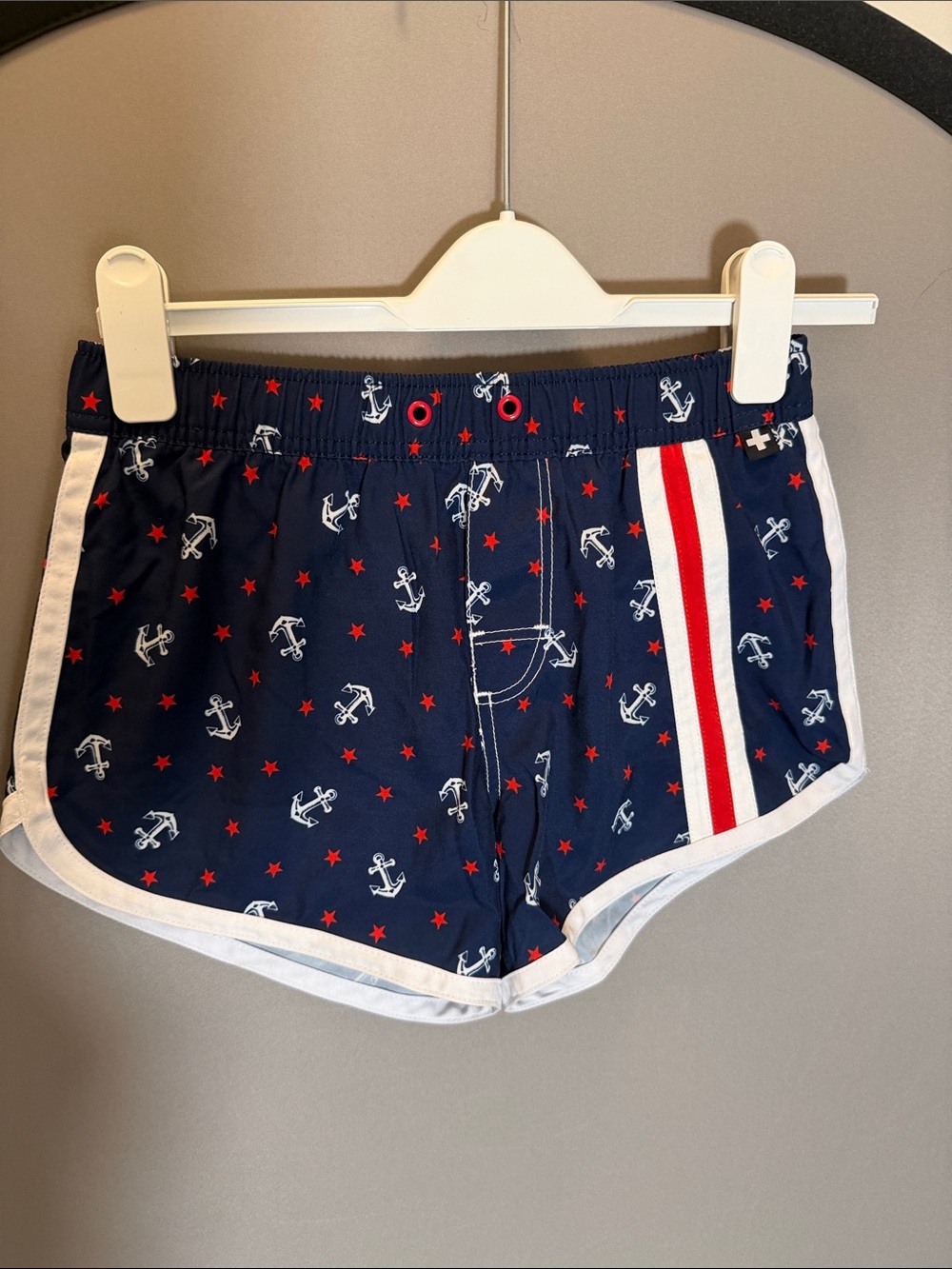 Andrew Christian Navy Anchor Print Swim Trunks with Red Stars